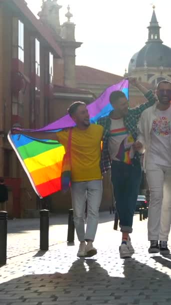 Estilo Vida Abraçar Amigos Homossexuais Beijando Festa Orgulho Gay Cidade — Vídeo de Stock