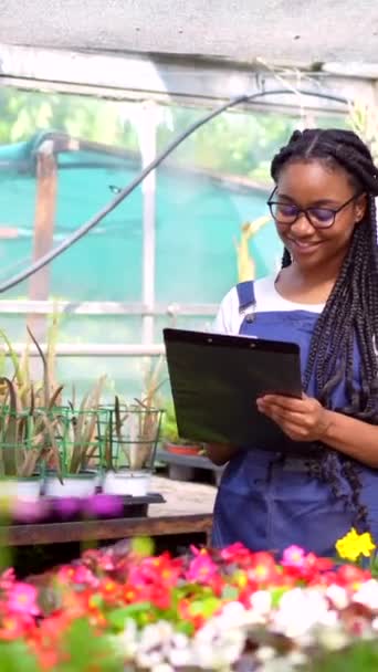 Black Ethnic Woman Nursery Worker Doing Inventory Flowers Plants Greenhouse — Stock Video