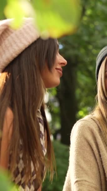 秋天的日落时 女性朋友们在公园里与树 生活方式和秋天的服装交谈 — 图库视频影像