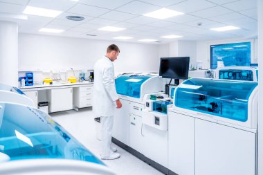 Bir hastanede patolojik anatomi laboratuarı araştırması yapan bir doktor.