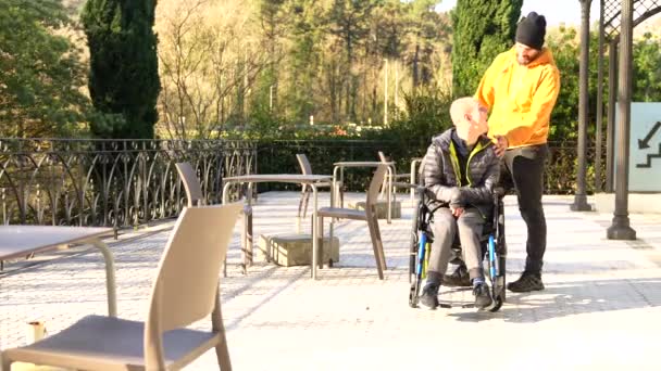 晴れた都市公園で幸せな障害者のコピースペースと肖像画 — ストック動画