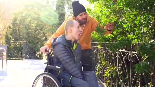 公園の道に沿って障害者の車椅子を押す男 — ストック動画