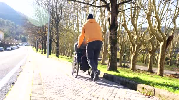 겨울의 화창한 공원에서 경로를 장애인 남자와 — 비디오
