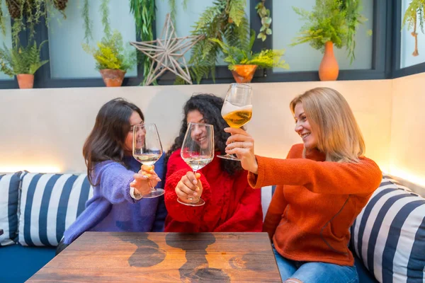 Happy women toasting with wine in a colorful cafeteria with potted plants