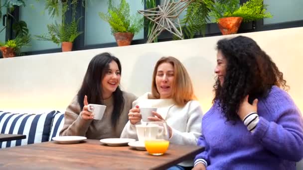 三个白人成年女子在五颜六色的自助餐厅里快乐地交谈着 — 图库视频影像