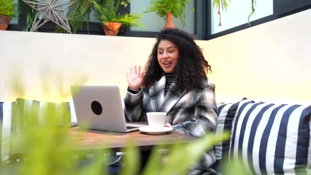 ラップトップとコーヒーを飲むカフェテリアでノートパソコンで働く若い女性起業家 — ストック動画
