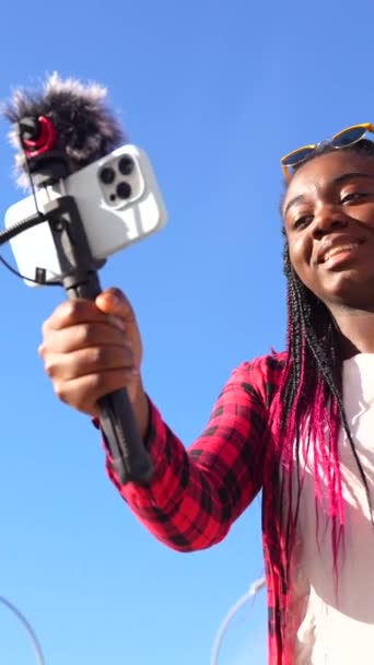 Low Angle View Photo African Content Creator Using Mobile Record — Stock Video