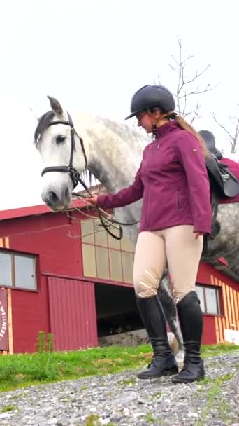 Široký Pohled Fotografie Ženského Mladého Koně Trenéra Bílého Koně Kráčejícího — Stock video