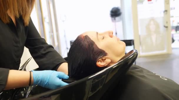 ヘアサロンでシンクに横たわるクライアントの髪を洗う美容師 — ストック動画