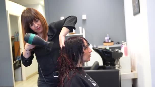 Κομμώτρια Στεγνώνει Μαλλιά Μιας Γυναίκας Μπροστά Από Έναν Καθρέφτη Στο — Αρχείο Βίντεο