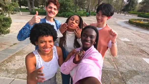 Perspectiva Pessoal Cinco Jovens Amigos Multi Étnicos Brincando Tirar Uma — Vídeo de Stock