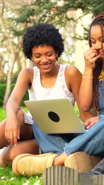 Gruppo Tre Giovani Afroamericane Che Usano Computer Portatile Seduto Parco — Video Stock