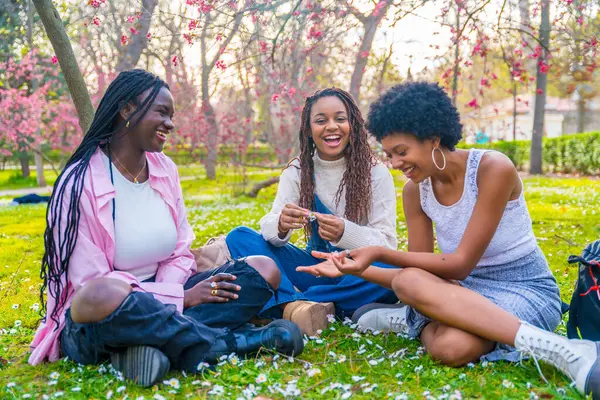 Jeunes Femmes Africaines Ludiques Jouant Avec Des Fleurs Assises Sur — Photo