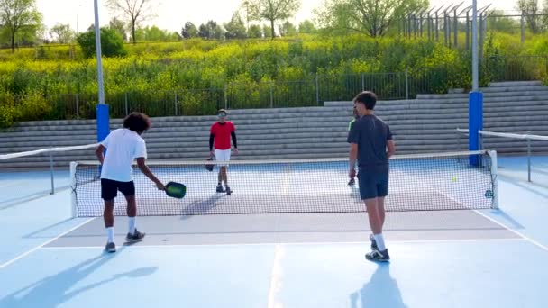 Full Length Photo Group Four Multi Ethnic Friends Playing Pickleball — Stock Video