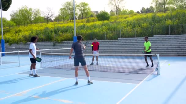 Multiracial Pickleball Team Partners Playing Outdoor Court Friends — Stock Video