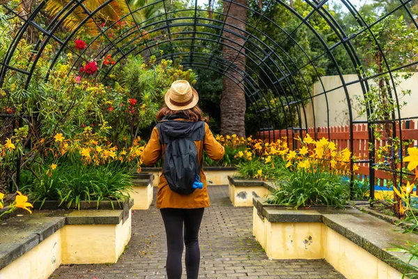 Uma Mulher Caminhando Por Belo Jardim Botânico Conceito Turismo Sustentável Fotografia De Stock