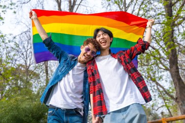 Çok ırklı eşcinsel bir çiftin parkta lgbt bayrağı çekerken düşük açılı portresi.