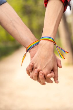 Park 'ta el ele tutuşan iki tanınmayan gay' in dikey yakın plan fotoğrafı.