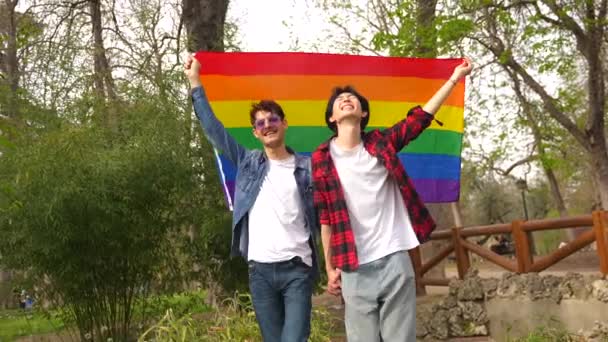 Πορτρέτο Ενός Πολυεθνικού Γκέι Ζευγαριού Που Υψώνει Μια Σημαία Του — Αρχείο Βίντεο