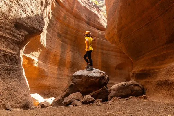 Kanarya Adaları 'ndaki Barranco de las Vacas kanyonunda sarı tişörtlü bir kadın.