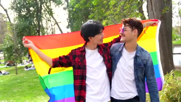 公園でLgbt虹の旗を上げているゲイの男性の友人の低い角度の眺めの肖像画 — ストック動画
