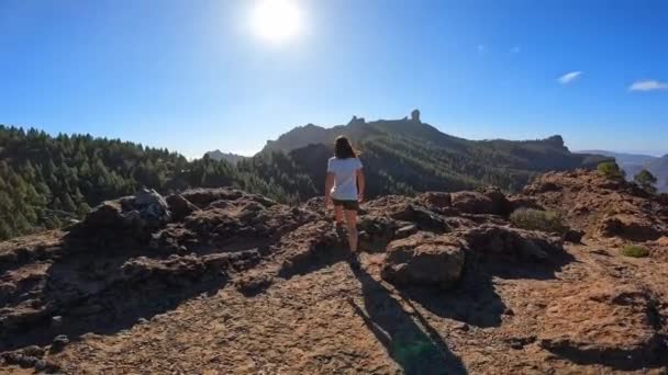 Een Vrouwelijke Wandelaar Met Uitzicht Roque Nublo Gran Canaria Canarische — Stockvideo