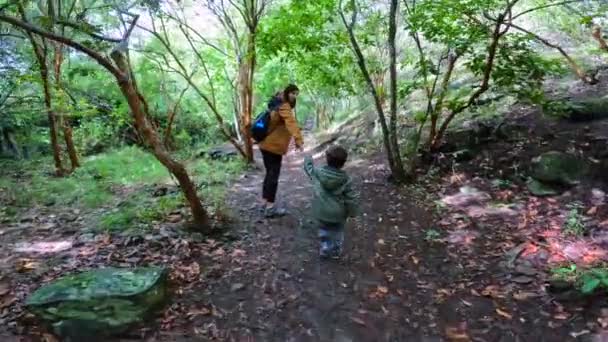 大加那利亚Los Tilos Moya的Laurisilva森林 一位母亲和她的儿子在一起 — 图库视频影像