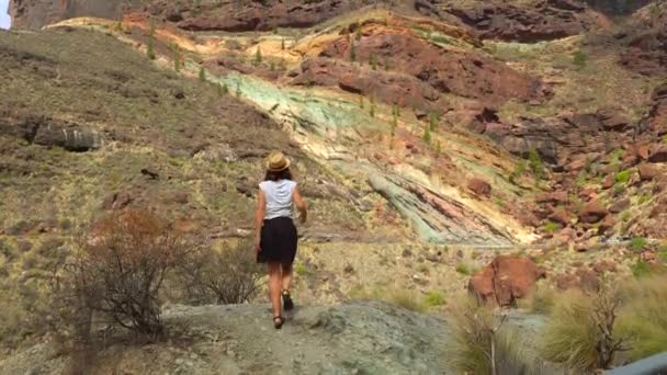 Een Toeristische Vrouw Aan Het Natuurmonument Azulejos Veneguera Rainbow Rocks — Stockvideo