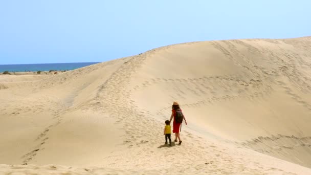 休暇でマスパロマの砂丘で楽しむ母と息子 グラン カナリア カナリア諸島 ストック動画