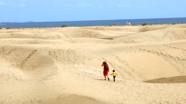 加那利群岛大加那利群岛马斯帕洛马斯的沙丘里 母亲和儿子正在享受假期 — 图库视频影像