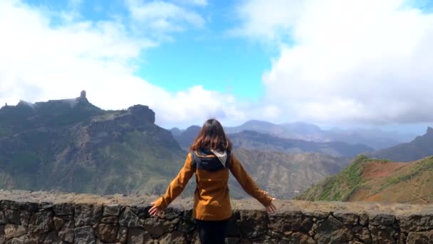 Eine Touristin Betrachtet Roque Nublo Von Einem Aussichtspunkt Aus Mit — Stockvideo