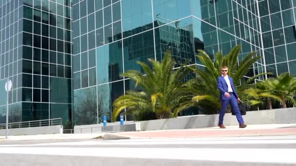 Businessman Carrying Laptop Bag Walking City Next Financial Building — Stock Video
