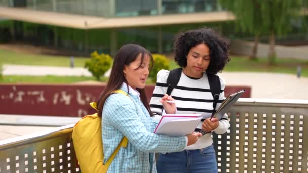 Two Beauty Young Smiling Multi Ethnic Students Reading Notes Standing — Vídeos de Stock