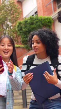 Çok ırklı öğrenciler merdivenlerde oturmuş üniversitenin dışında sohbet ediyorlar.