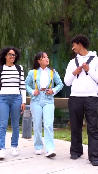 Videoclip Complet Trei Prieteni Multietnici Vorbind Mergând Lungul Campusului Universitar — Videoclip de stoc