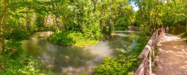 Piedra Manastırı 'ndaki Ördek Gölü' nün panoramik manzarası Aragon, İspanya