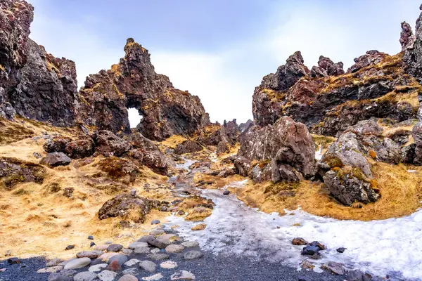 stock image Frozen rock formations ice and snow on Djupalonssandur beach on Snaefellsnes peninsula in winter Iceland