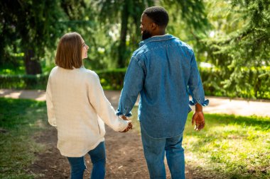 Parkta el ele tutuşan çok ırklı bir çiftin arka görüntüsü