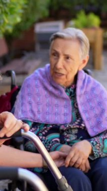 Yaşlı kadınlar ve dost canlısı hemşire rahatça yaşlı bir adamın bahçesinde oturuyorlar.