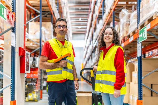 Portrait of distribution warehouse workers placing packages and scanning them