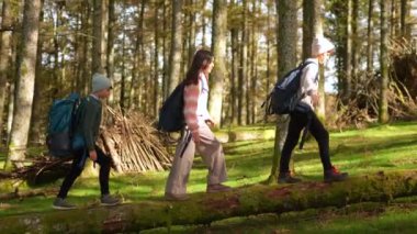 Üç beyaz erkek ve kız kardeş ormanda bir ağaç gövdesinde dengeyi sağlamak için şakacı bir şekilde yürüyorlar.