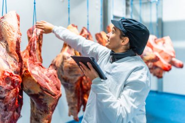 Ürünlerin kalitesini kontrol etmek ve kaydetmek için kablosuz internet tableti kullanan kadın işçi