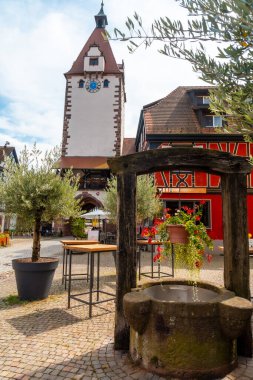 Almanya 'nın Kara Orman kentindeki eski Gengenbach kasabasındaki Obertorturm kulesinin yanında bir su kuyusu.