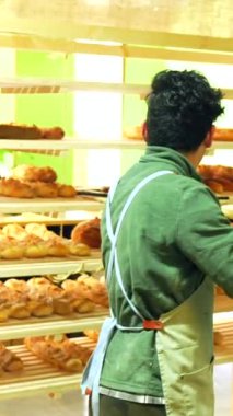 Latin bir adamın fırındaki rafa fırınlanmış zanaatkar ekmeği koyuşunun arka görüntüsü.