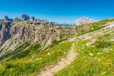 Manzaralı yürüyüş yolu, renkli kır çiçekleriyle canlı çayırların arasından İtalyan dolomitlerindeki cime di lavaredo 'nun görkemli tepelerine doğru esiyor.