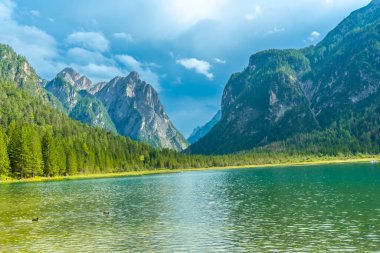 Sakin su, görkemli dağları ve bereketli ormanı yansıtıyor güneşli bir yaz gününde, İtalyan dolomitlerinde popüler bir yer olan Dobbiaco Gölü 'nde.