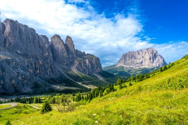 Görkemli tepeler ve yemyeşil çayırlar güneşli bir yaz günü İtalyan dolomitlerinin kalbinde güneşli bir bahçe geçidi boyunca çarpıcı bir manzara yaratır.