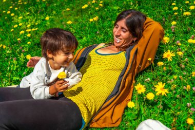 Anne ve oğul, dolomitlerin çarpıcı manzarasıyla çevrili sarı çiçeklerle dolu canlı bir çayırda rahatlatıcı bir anın tadını çıkarıyorlar.