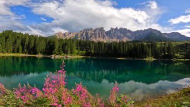 Carezza Gölü 'nün zümrüt yeşili sularının göz kamaştırıcı manzarası. Arka planda gecikme sıradağları, dolomitler, güney Tyrol, İtalya.