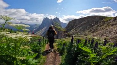 Etrafı çiçeklerle çevrili bir yolda yürüyen kadın yürüyüşçü İtalyan dolomitlerindeki dağ manzarasının tadını çıkarıyor.